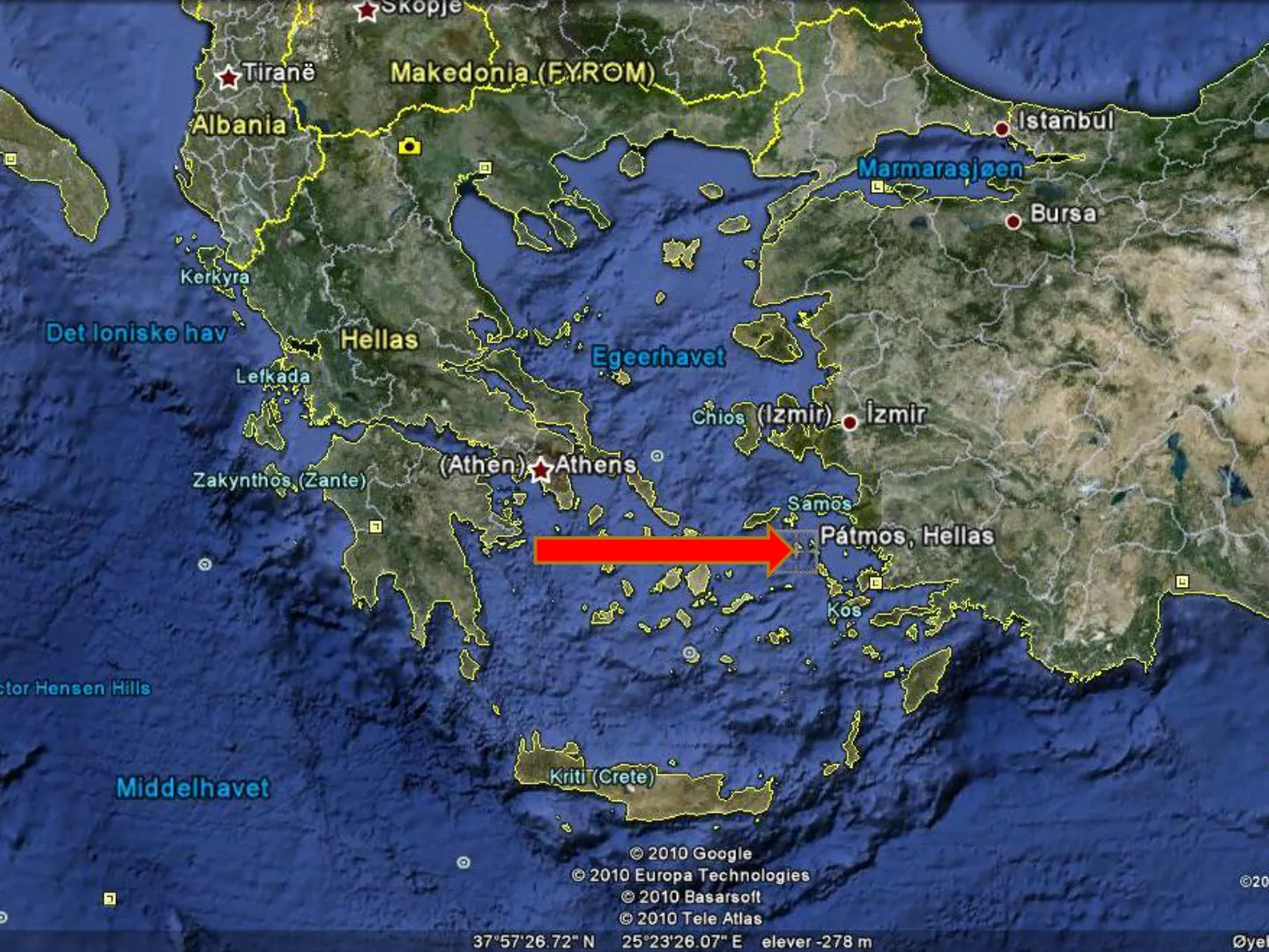 SKopje * Tirane Makedonia (FYROM) Albania Istanbul a Marmaraşigen Bursa Kerkyra Det loniske hav Hellas Egeerhavet Lefkada Chios (Izmit) o Izmir Zakynthos. (Zante) (Athen), ~ Athens Samos- Patmos, Hellas Kos tor Hensen …