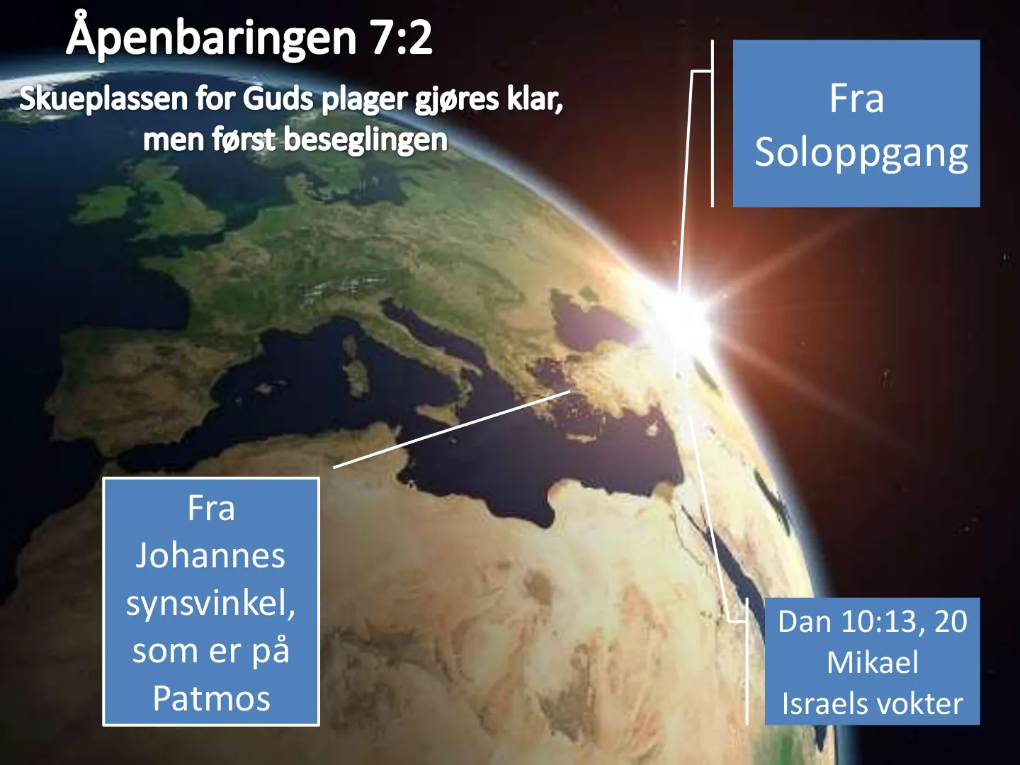 Åpenbaringen 7:2 Skueplassen for Guds plager gjøres klar, Fra men først beseglingen Soloppgang Fra Johannes synsvinkel, Dan 10:13, 20 som er på Mikael Patmos Israels vokter