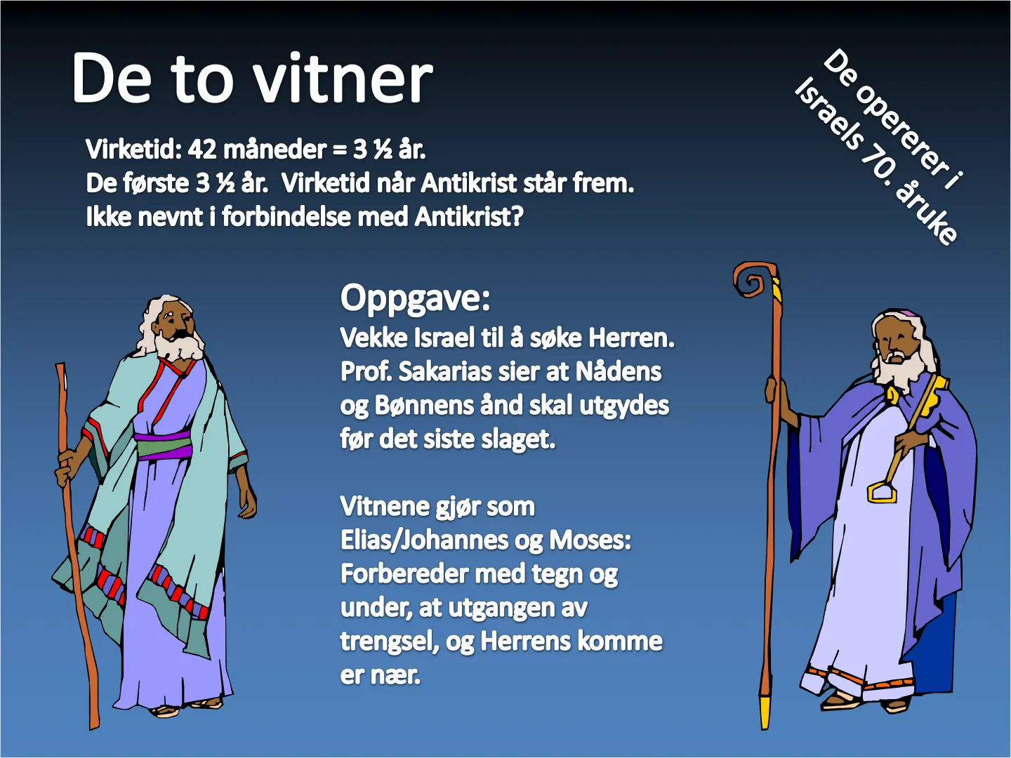 De to vitner De opererer i Virketid: 42 måneder = 3 ½ år. Israels 70. åruke De første 3 ½ år. Virketid når Antikrist står frem. Ikke nevnt i forbindelse med Antikrist? Oppgave: Vekke Israel til å søke Herren. Prof. …