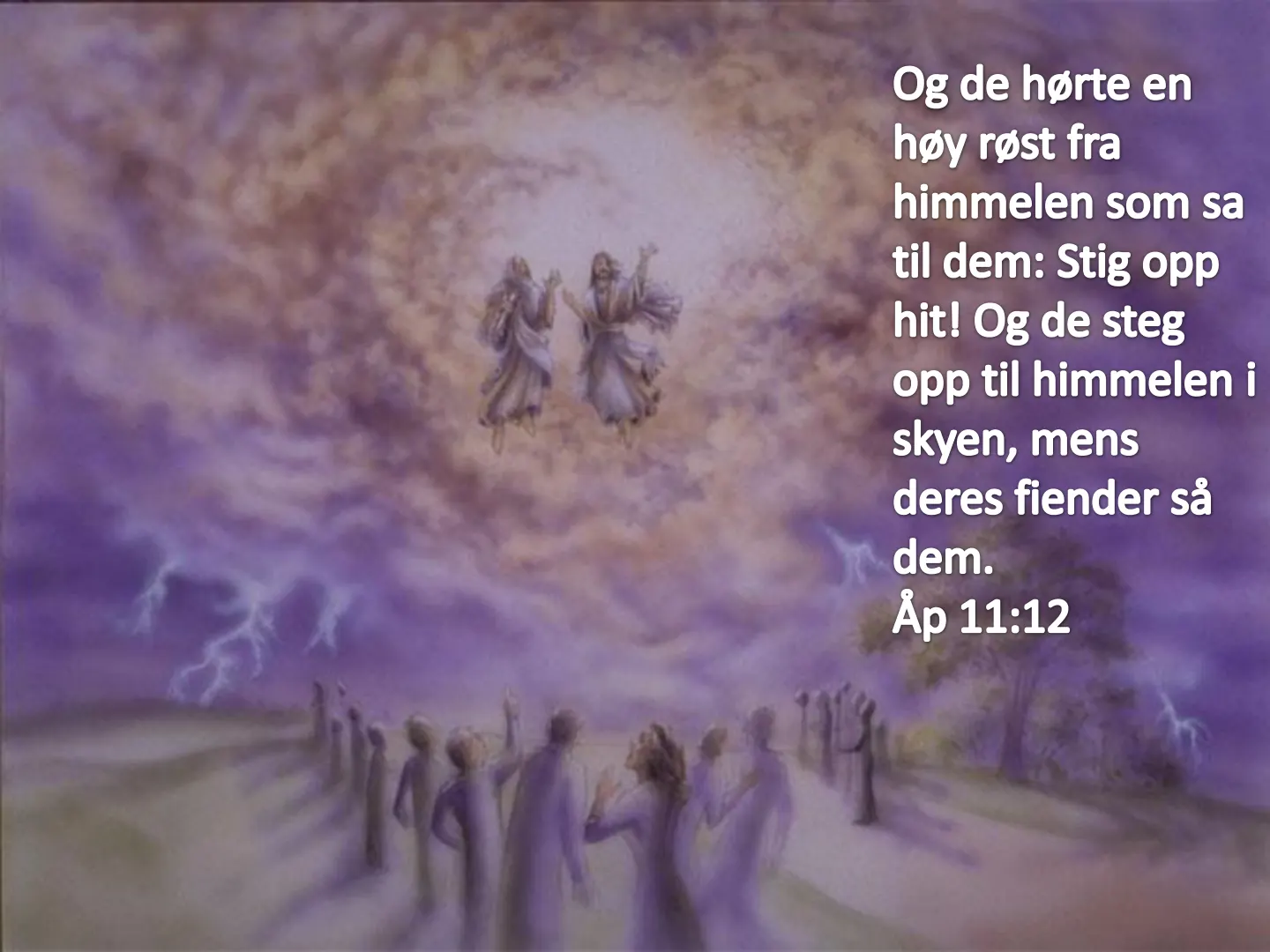 Og de hørte en høy røst fra himmelen som sa til dem: Stig opp hit! Og de steg opp til himmelen i skyen, mens deres fiender så dem. Åp 11:12