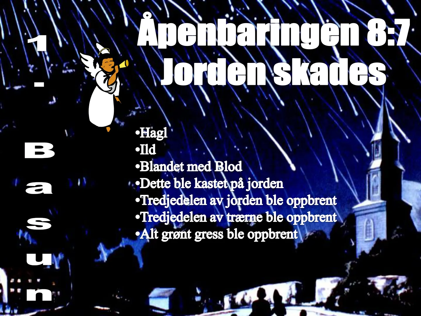 Åpenbaringen 87 Jorden skades •Hagl •Ild •Blandet med Blod •Dette ble kastet på jorden •Tredjedelen av jorden ble oppbrent •Tredjedelen av trærne ble oppbrent •Alt grønt gress ble oppbrent