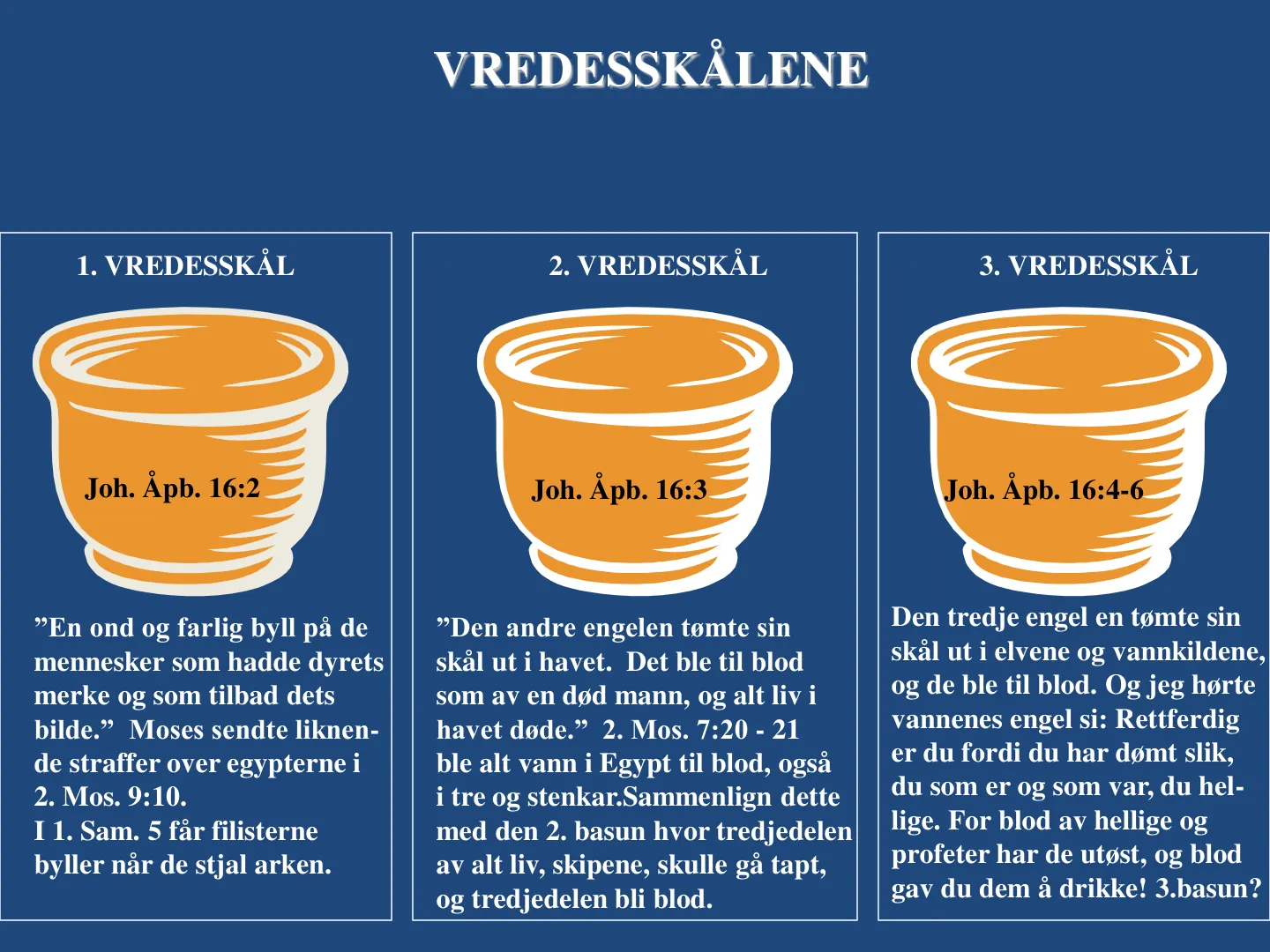 VREDESSKÅLENE VREDESSKÅLENE 1. VREDESSKÅL 2. VREDESSKÅL 3. VREDESSKÅL Joh. Åpb. 16:2 Joh. Åpb. 16:3 Joh. Åpb. 16:4-6 ”En ond og farlig byll på de mennesker som hadde dyrets merke og som tilbad dets bilde.” Moses sendte …