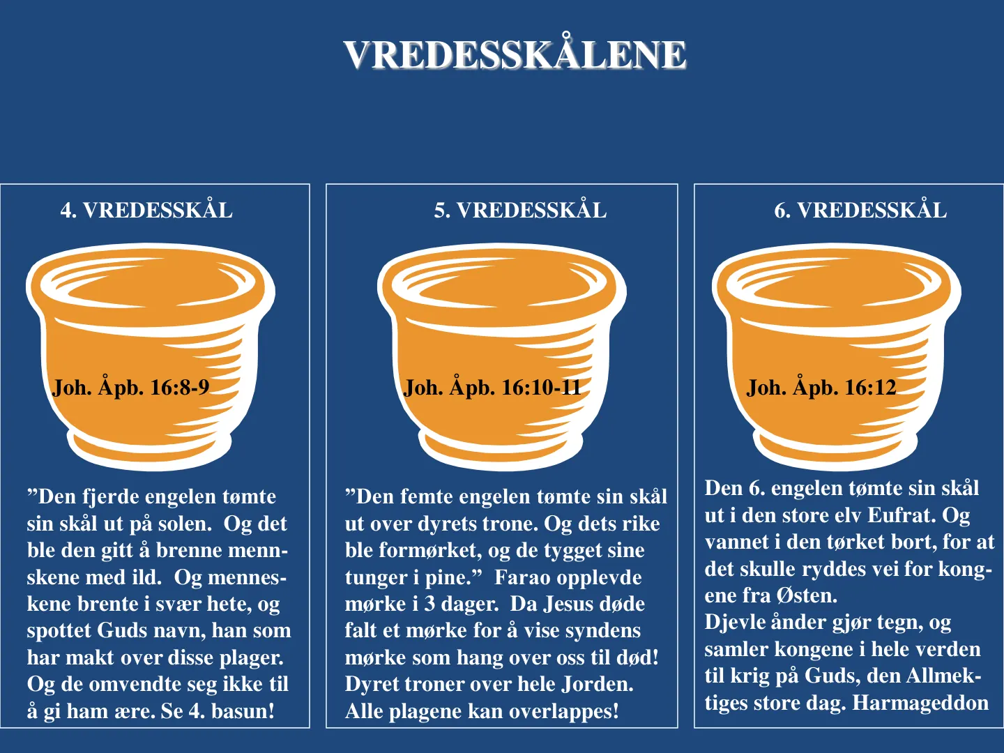VREDESSKÅLENE VREDESSKÅLENE 4. VREDESSKÅL 5. VREDESSKÅL 6. VREDESSKÅL Joh. Åpb. 16:8-9 Joh. Åpb. 16:10-11 Joh. Åpb. 16:12 ”Den fjerde engelen tømte sin skål ut på solen. Og det ble den gitt å brenne menn- skene med ild. …