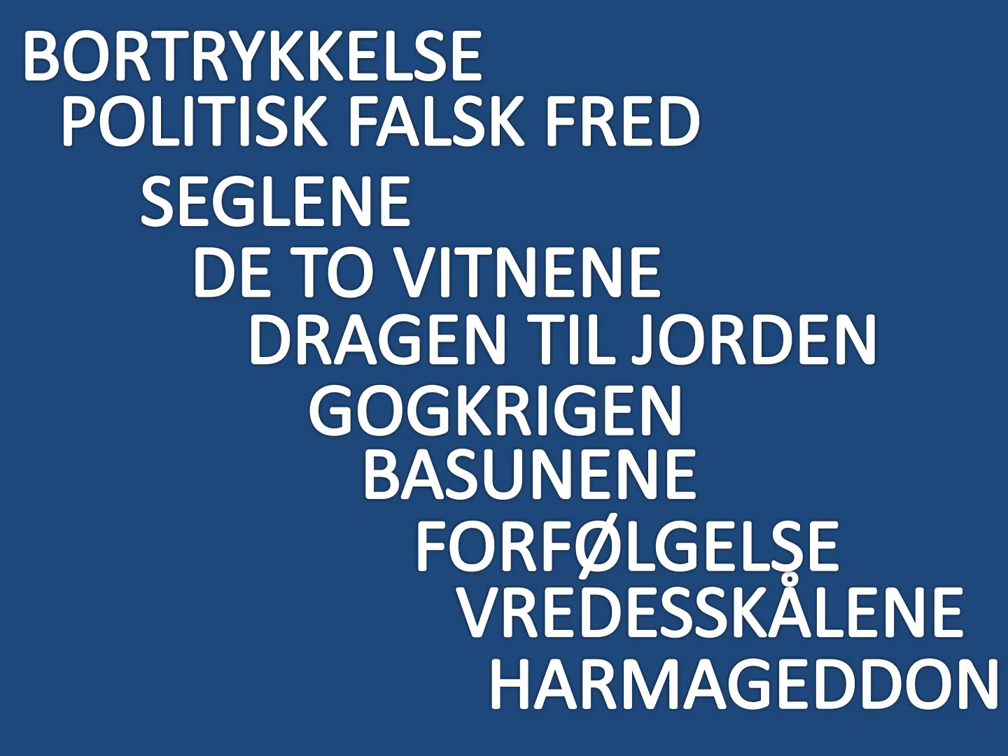 BORTRYKKELSE POLITISK FALSK FRED SEGLENE DE TO VITNENE DRAGEN TIL JORDEN GOGKRIGEN BASUNENE FORFØLGELŞE VREDESSKALENE HARMAGEDDON