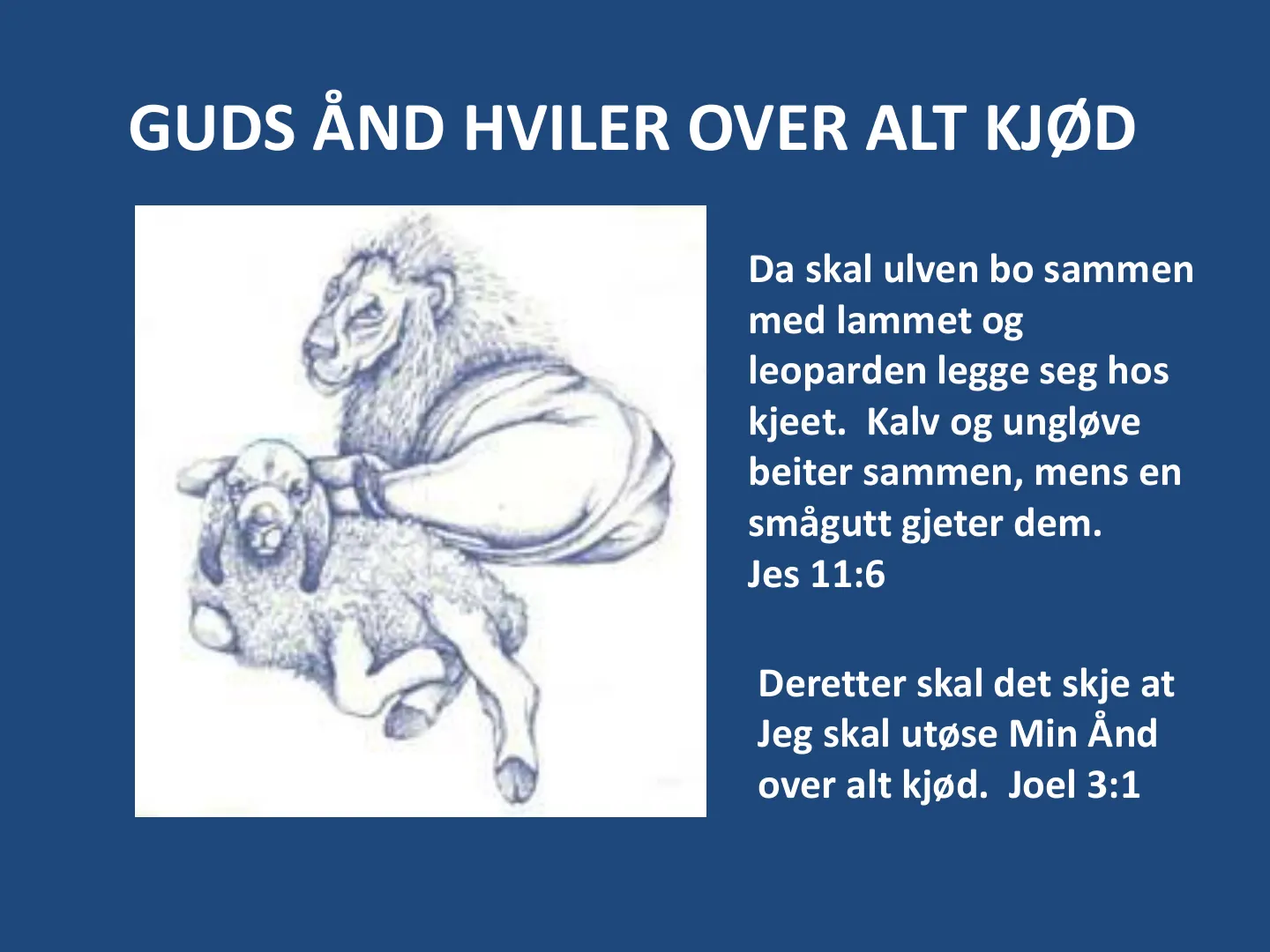 GUDS ÅND HVILER OVER ALT KJØD Da skal ulven bo sammen med lammet og leoparden legge seg hos kjeet. Kalv og ungløve beiter sammen, mens en smågutt gjeter dem. Jes 11:6 Deretter skal det skje at Jeg skal utøse Min Ånd over …